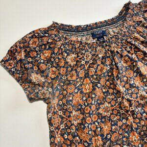 CHAPS PETITE BLUE & ORANGE FLORAL RUSTIC AUTUMN COTTON BLOUSE // 🧡
